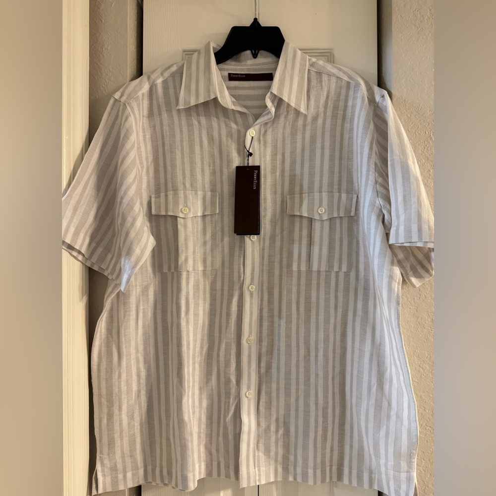 Perry Ellis Men's Light Gray Striped Button Down Shirt